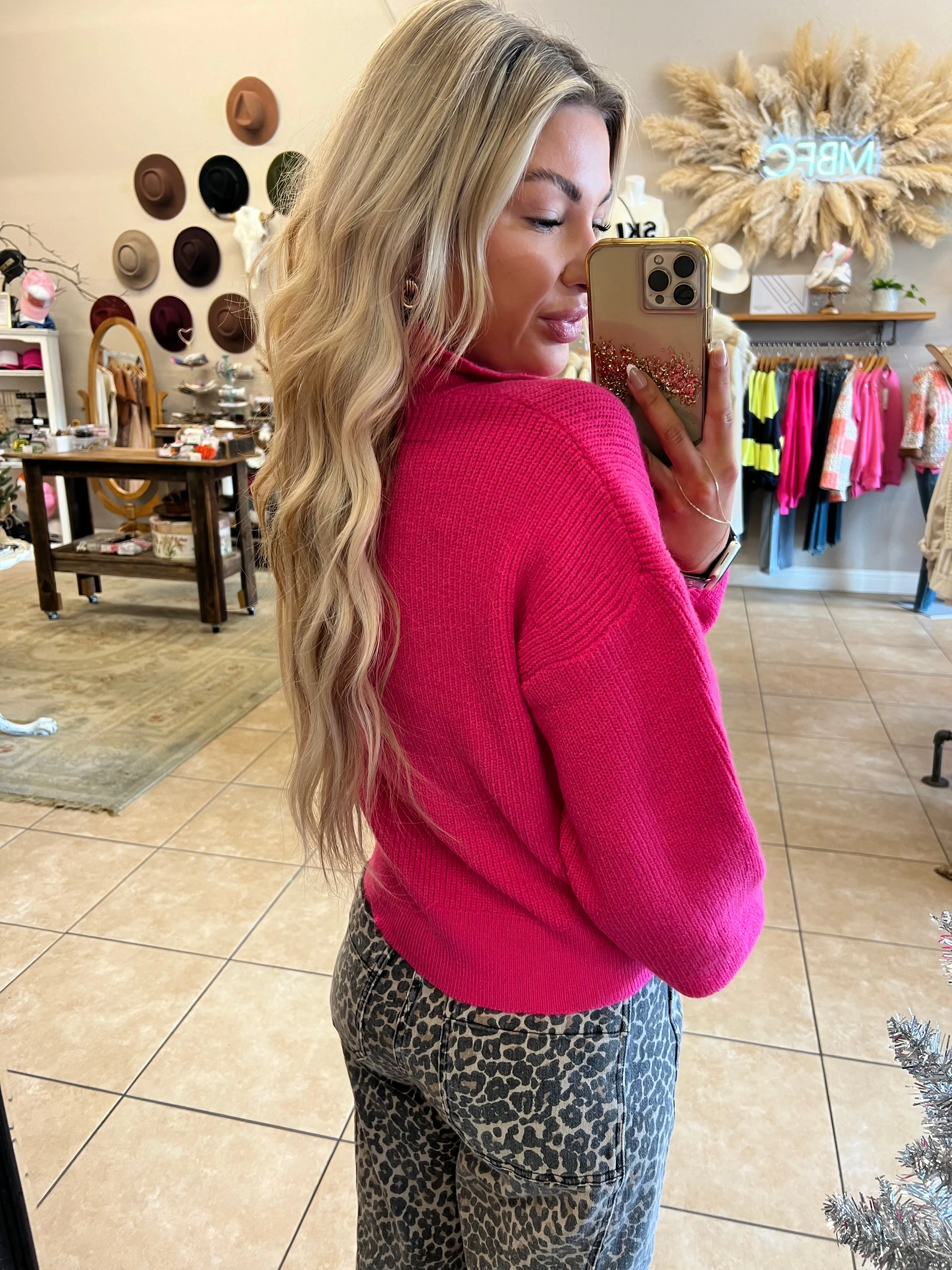 Pinch Collared V-Neck Sweater - Hot Pink