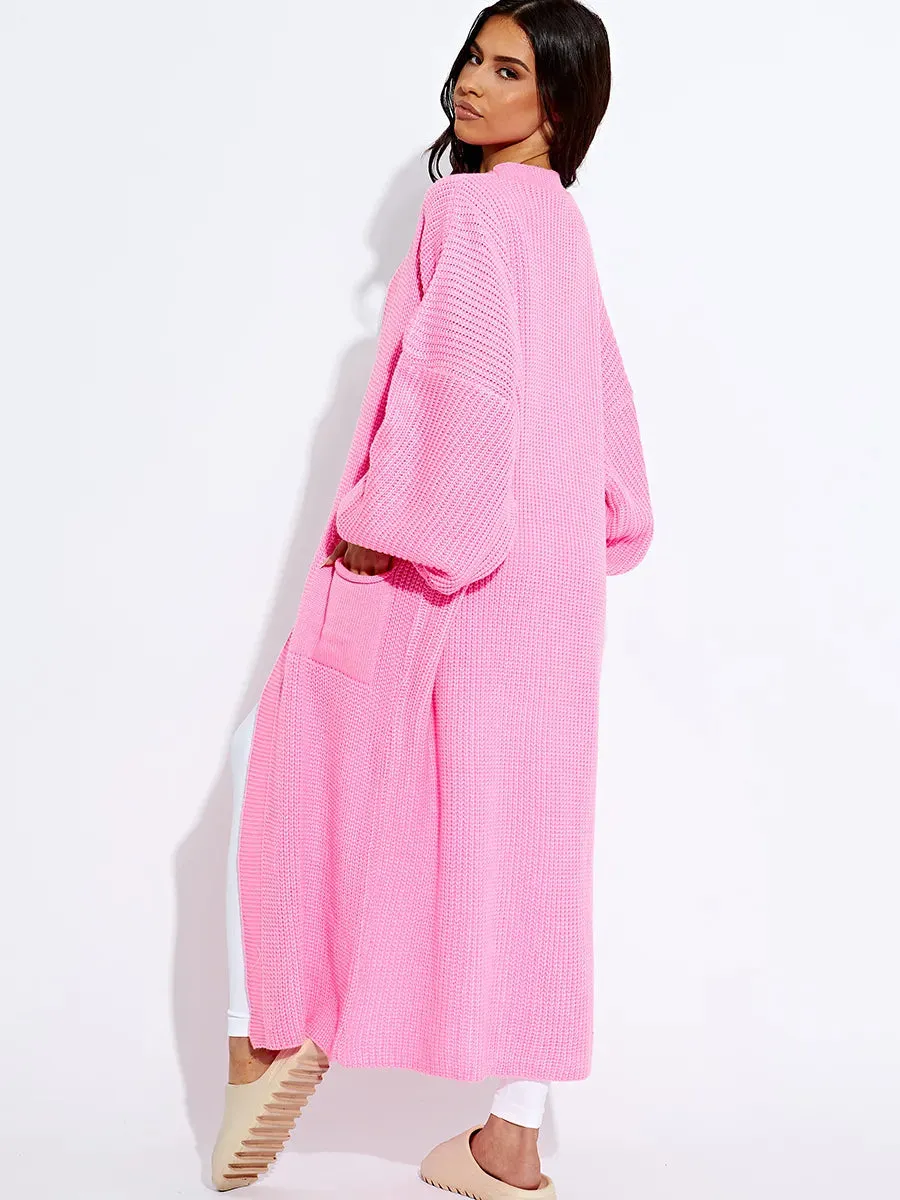 Pink Balloon Sleeves Knitted Longline Open Cardigan