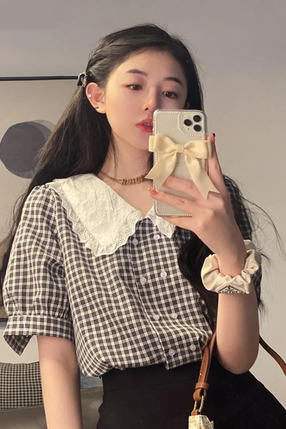 Plaid Pattern Retro Peter Pan Collar Blouse Shirt