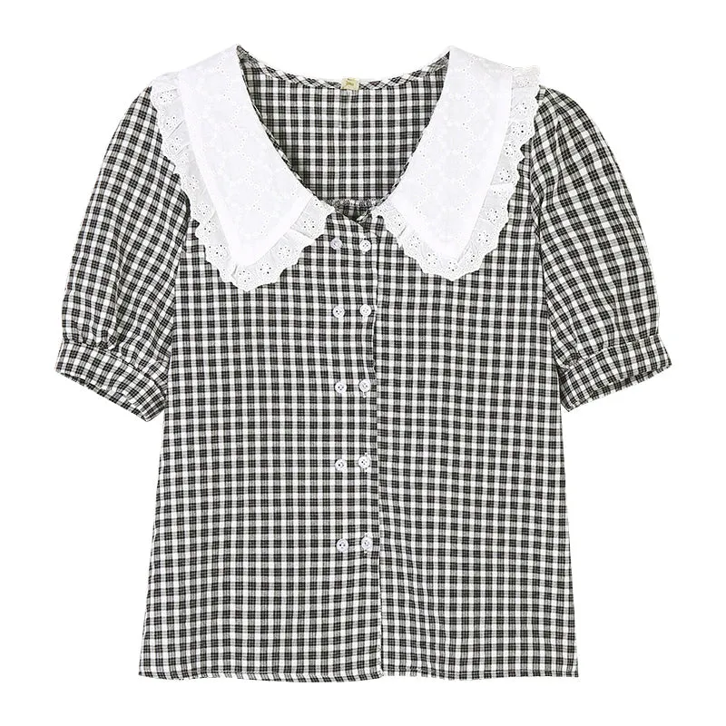 Plaid Pattern Retro Peter Pan Collar Blouse Shirt