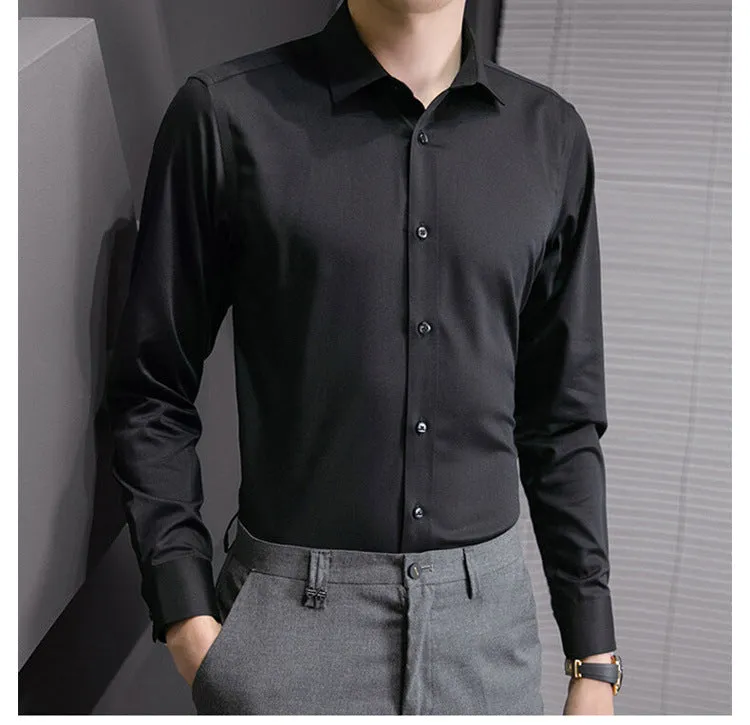 Plus Size Men Solid Color Business Shirt Casual White Long Sleeve