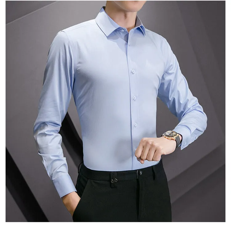 Plus Size Men Solid Color Business Shirt Casual White Long Sleeve