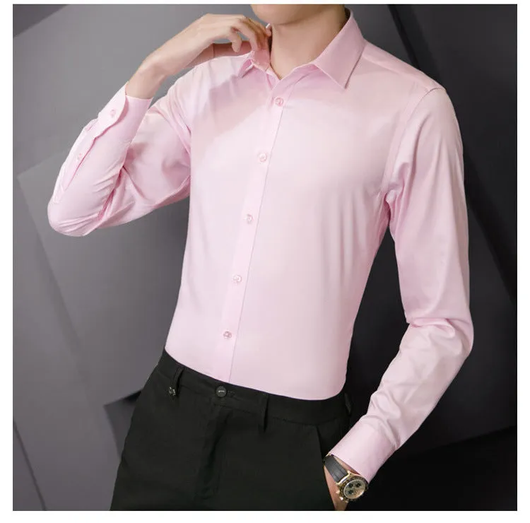 Plus Size Men Solid Color Business Shirt Casual White Long Sleeve