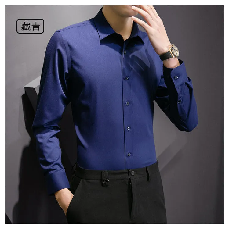 Plus Size Men Solid Color Business Shirt Casual White Long Sleeve