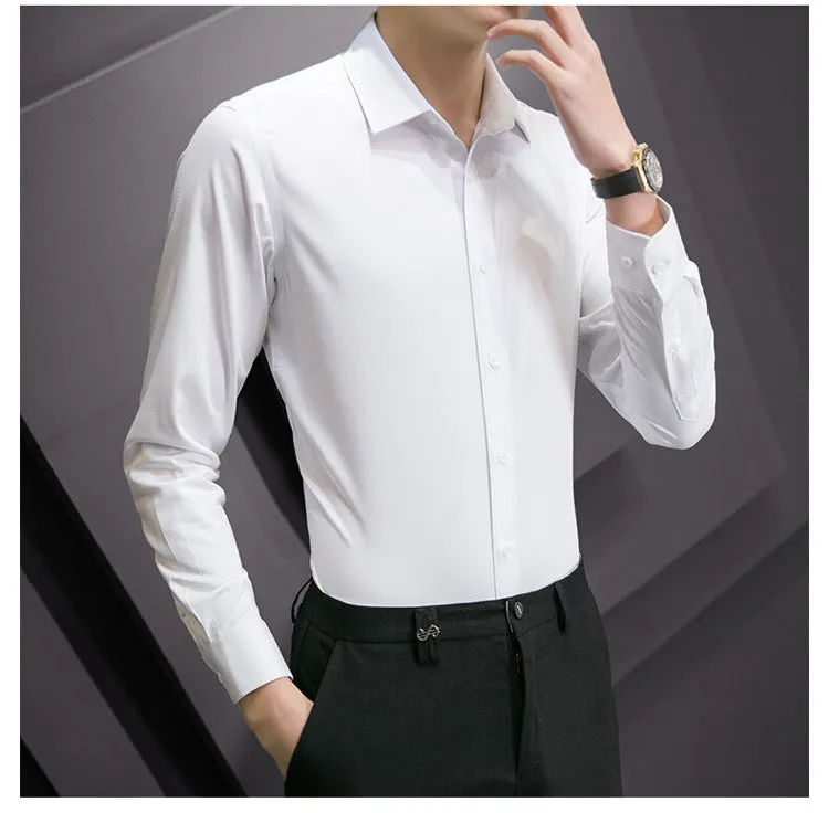 Plus Size Men Solid Color Business Shirt Casual White Long Sleeve
