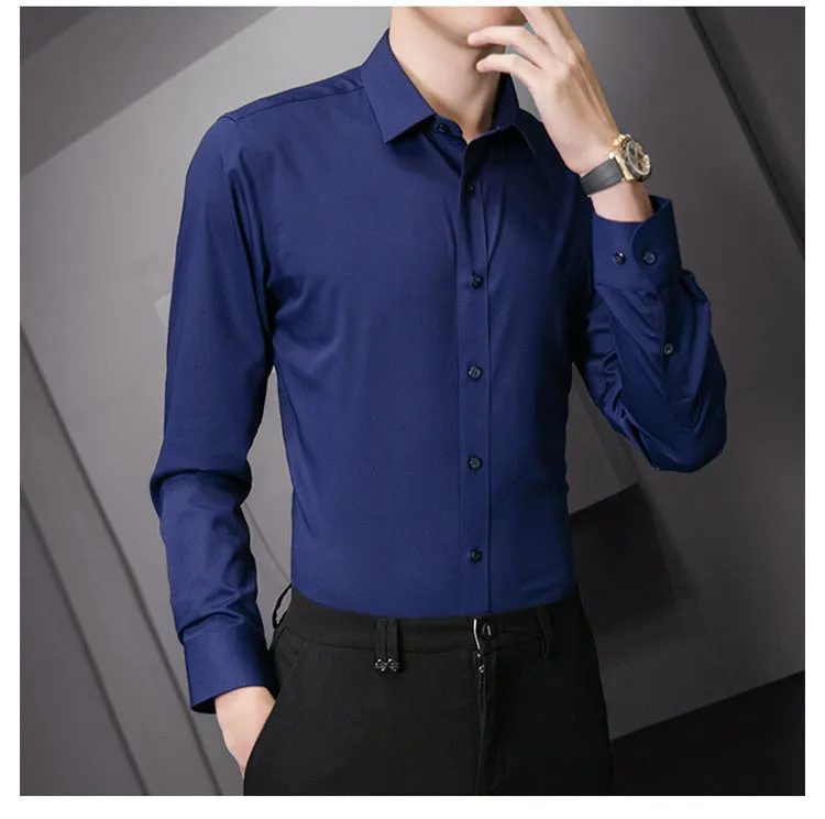Plus Size Men Solid Color Business Shirt Casual White Long Sleeve
