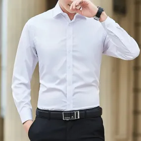 Plus Size Men Solid Color Business Shirt Casual White Long Sleeve