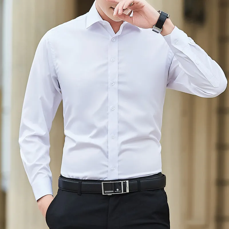 Plus Size Men Solid Color Business Shirt Casual White Long Sleeve