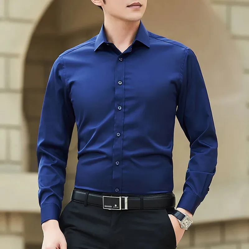 Plus Size Men Solid Color Business Shirt Casual White Long Sleeve