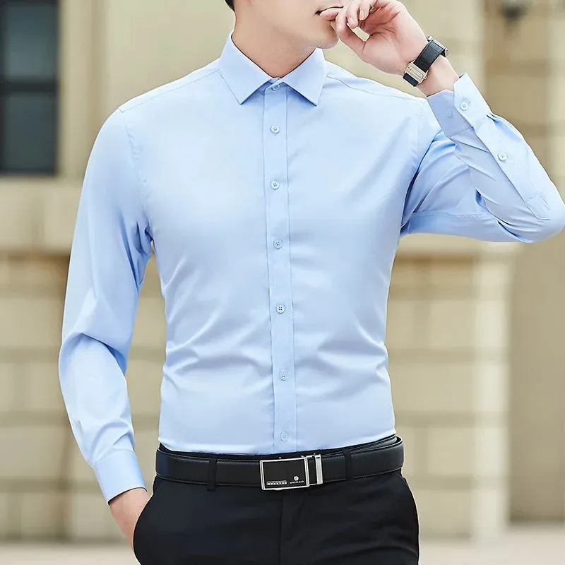 Plus Size Men Solid Color Business Shirt Casual White Long Sleeve