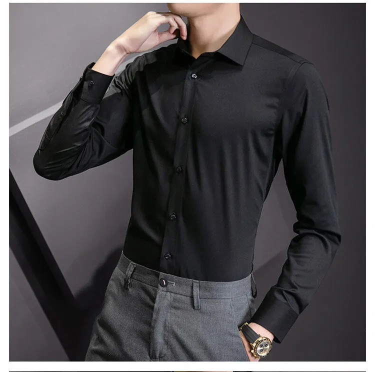 Plus Size Men Solid Color Business Shirt Casual White Long Sleeve
