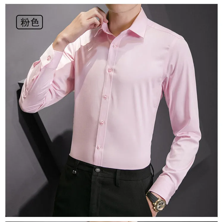 Plus Size Men Solid Color Business Shirt Casual White Long Sleeve