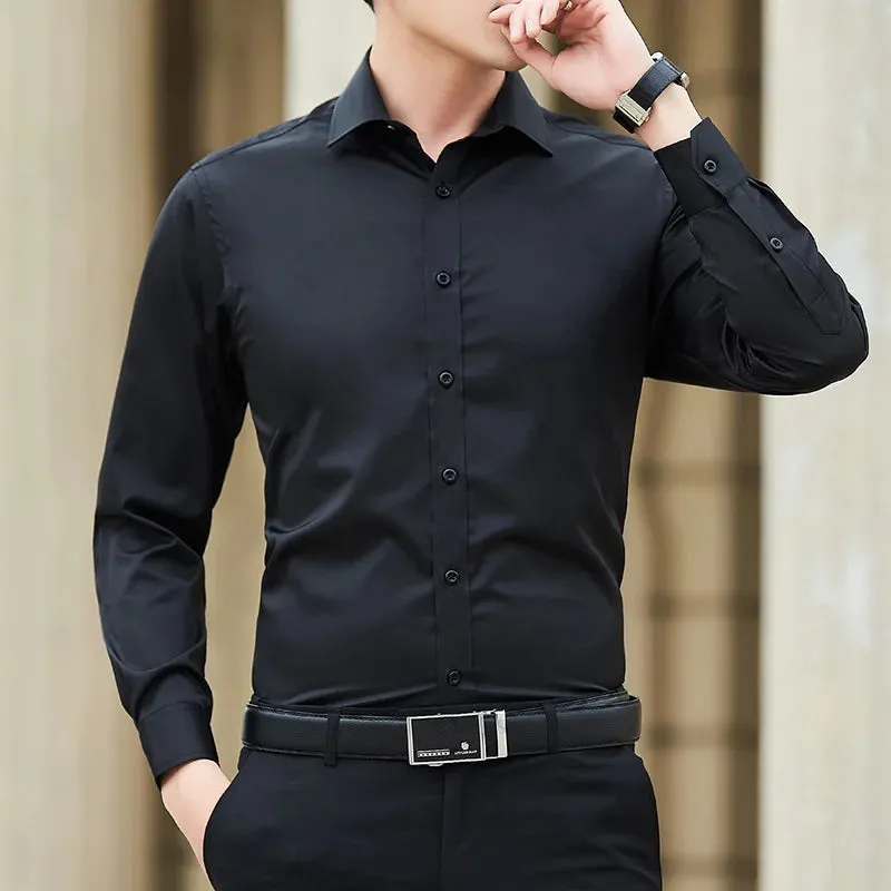 Plus Size Men Solid Color Business Shirt Casual White Long Sleeve