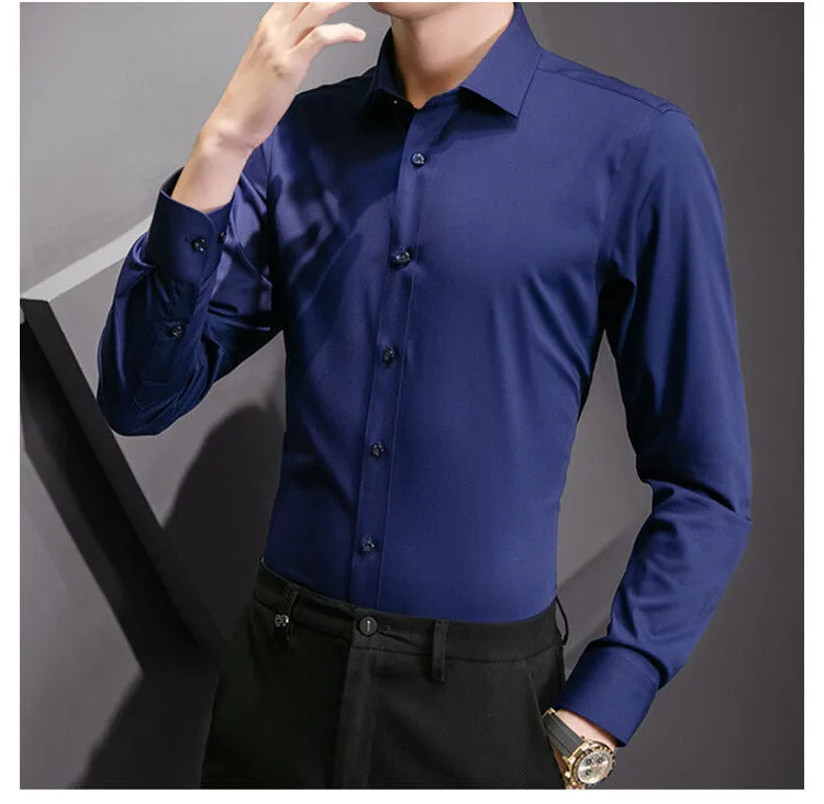Plus Size Men Solid Color Business Shirt Casual White Long Sleeve