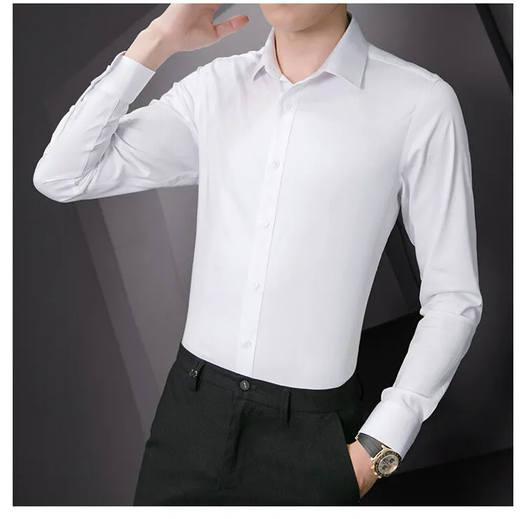 Plus Size Men Solid Color Business Shirt Casual White Long Sleeve