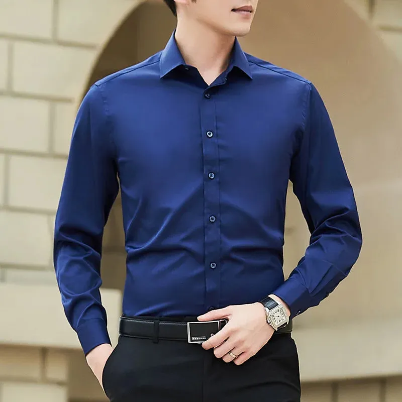 Plus Size Men Solid Color Business Shirt Casual White Long Sleeve