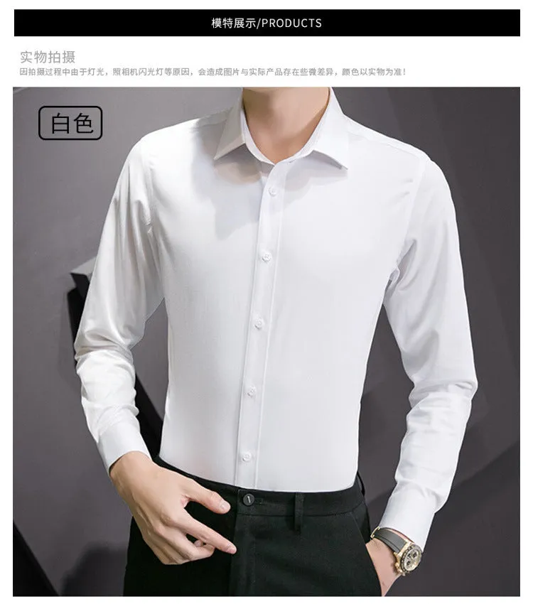 Plus Size Men Solid Color Business Shirt Casual White Long Sleeve