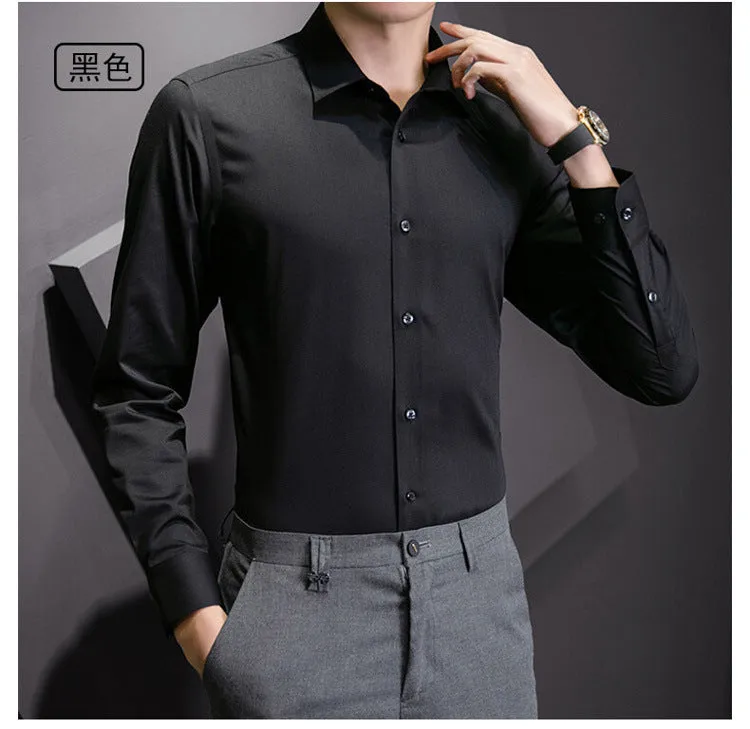 Plus Size Men Solid Color Business Shirt Casual White Long Sleeve