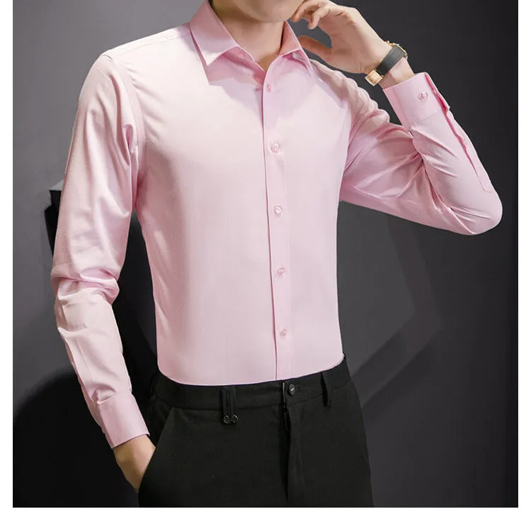 Plus Size Men Solid Color Business Shirt Casual White Long Sleeve