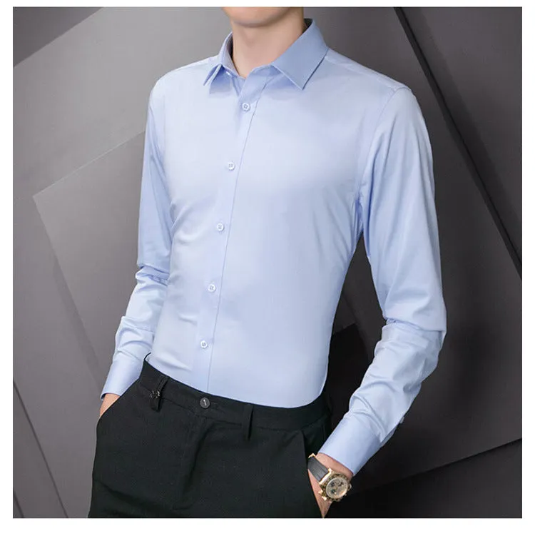 Plus Size Men Solid Color Business Shirt Casual White Long Sleeve