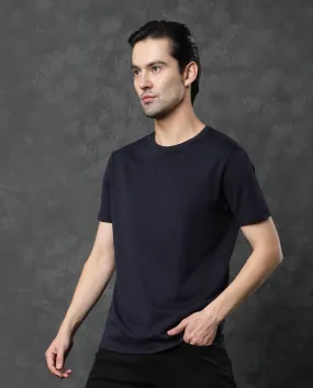 Rare Rabbit Men's Gis Navy Cotton Fabric Crew Neck Half Sleeves Regular Fit Solid T-Shirt