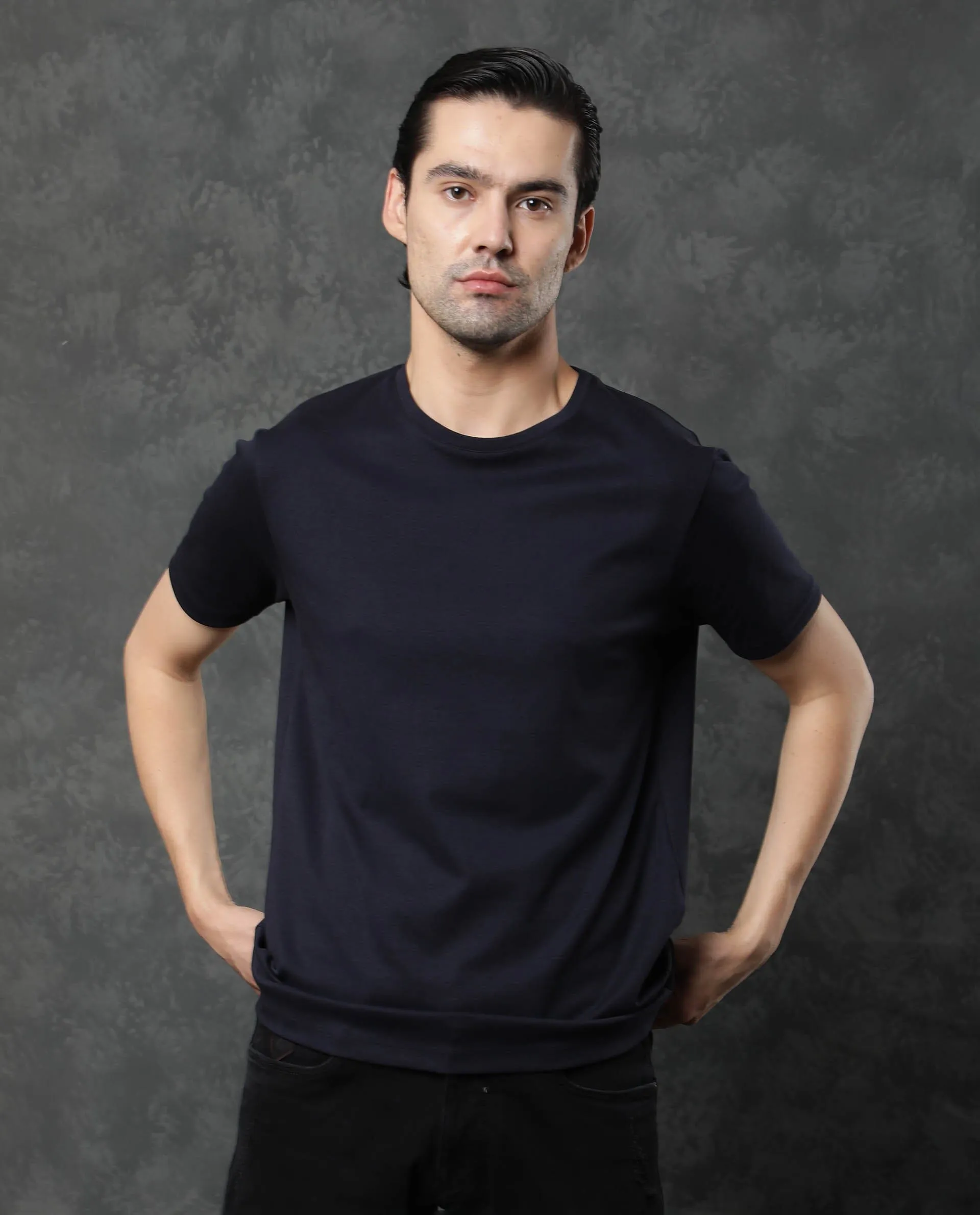 Rare Rabbit Men's Gis Navy Cotton Fabric Crew Neck Half Sleeves Regular Fit Solid T-Shirt
