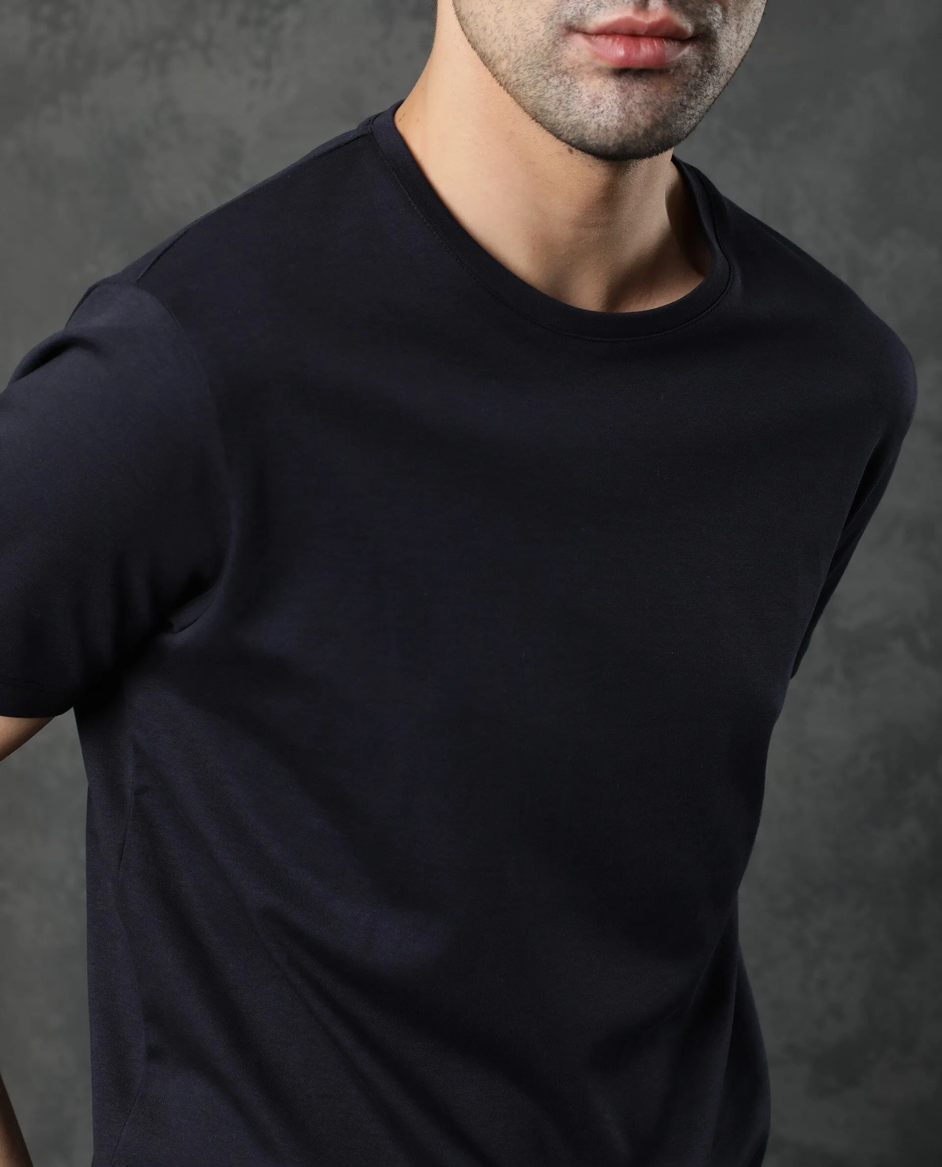 Rare Rabbit Men's Gis Navy Cotton Fabric Crew Neck Half Sleeves Regular Fit Solid T-Shirt