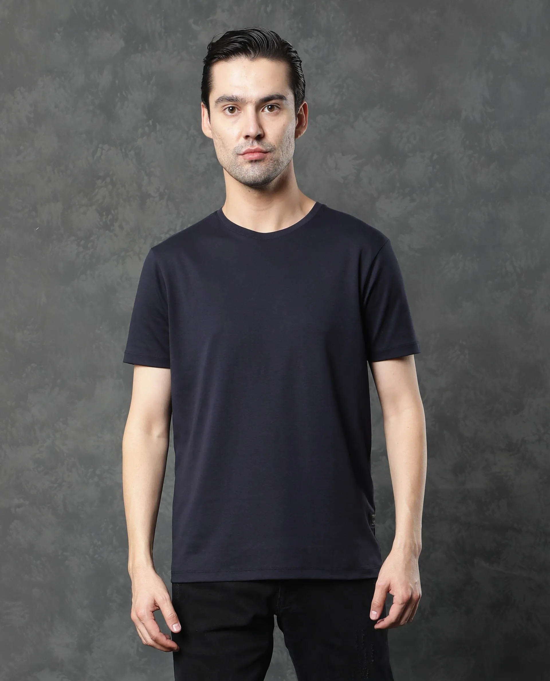 Rare Rabbit Men's Gis Navy Cotton Fabric Crew Neck Half Sleeves Regular Fit Solid T-Shirt