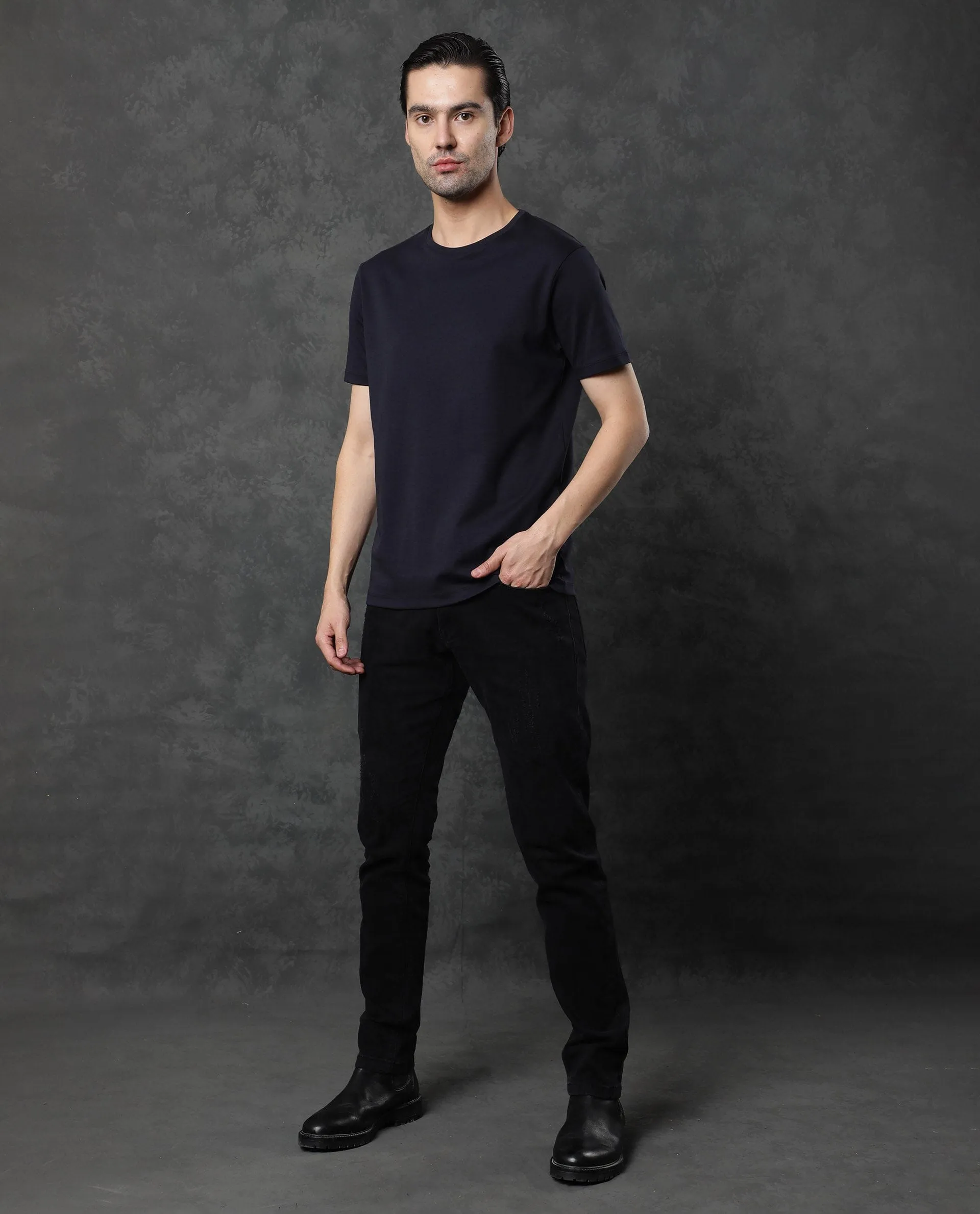 Rare Rabbit Men's Gis Navy Cotton Fabric Crew Neck Half Sleeves Regular Fit Solid T-Shirt