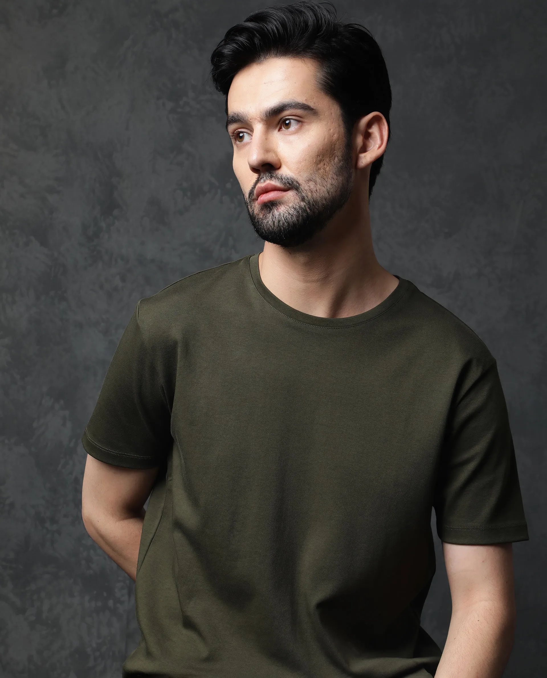 Rare Rabbit Men's Gis Olive Cotton Fabric Crew Neck Half Sleeves Regular Fit Solid T-Shirt