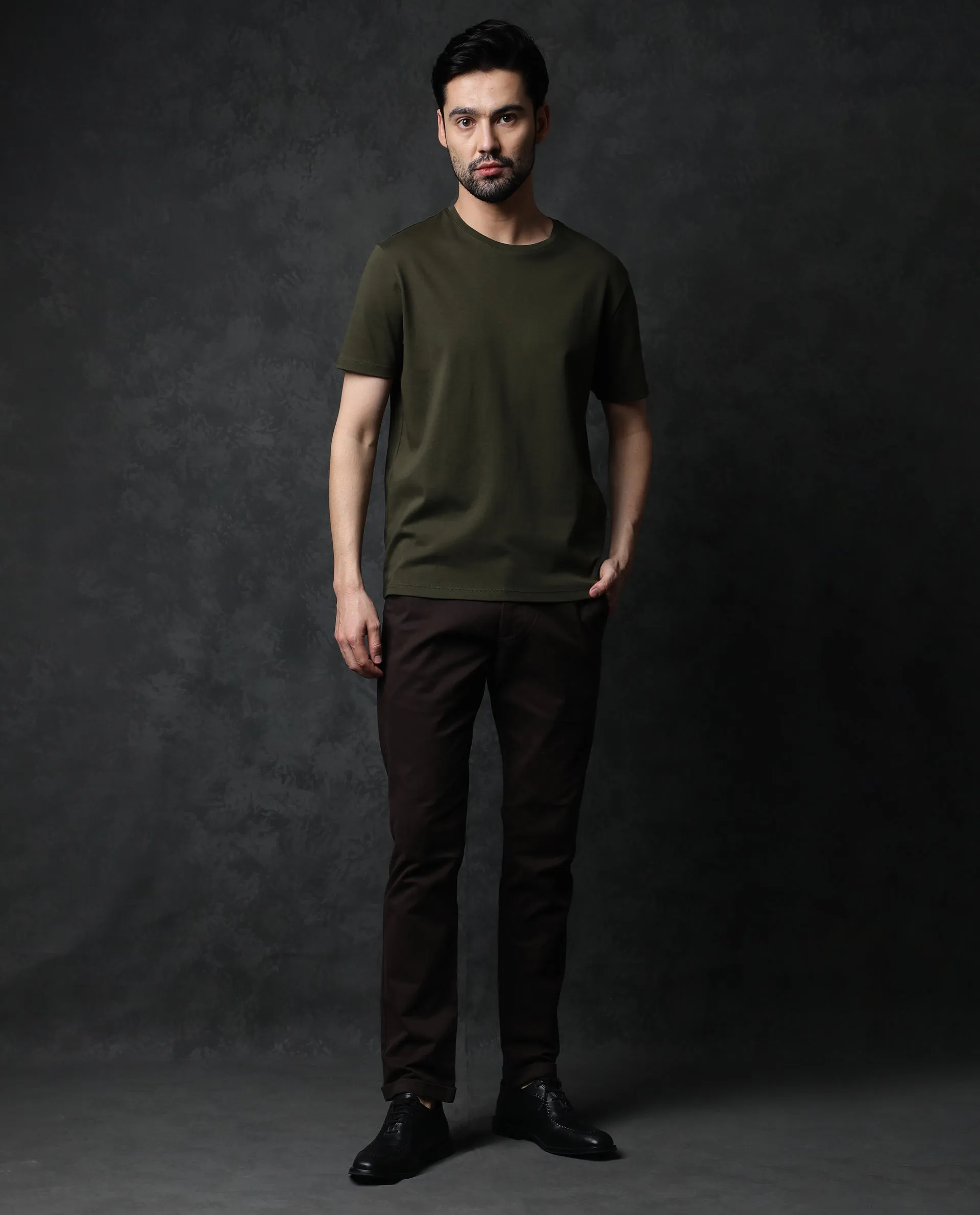 Rare Rabbit Men's Gis Olive Cotton Fabric Crew Neck Half Sleeves Regular Fit Solid T-Shirt