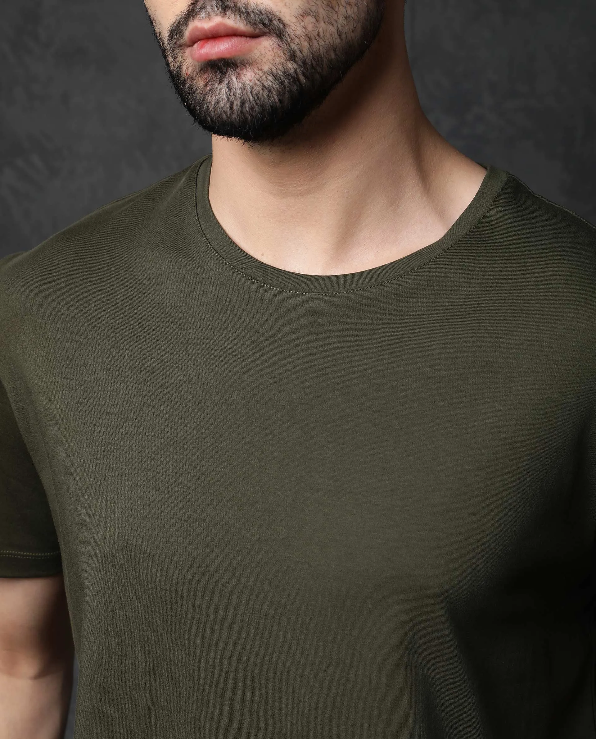 Rare Rabbit Men's Gis Olive Cotton Fabric Crew Neck Half Sleeves Regular Fit Solid T-Shirt