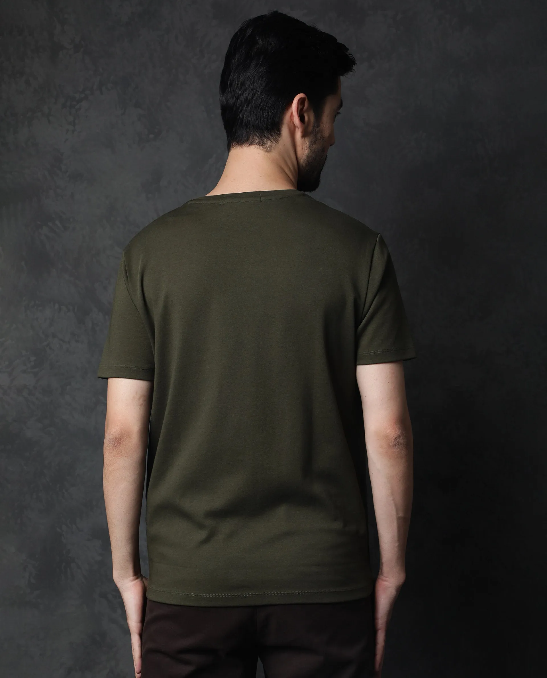 Rare Rabbit Men's Gis Olive Cotton Fabric Crew Neck Half Sleeves Regular Fit Solid T-Shirt