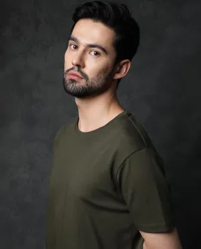Rare Rabbit Men's Gis Olive Cotton Fabric Crew Neck Half Sleeves Regular Fit Solid T-Shirt