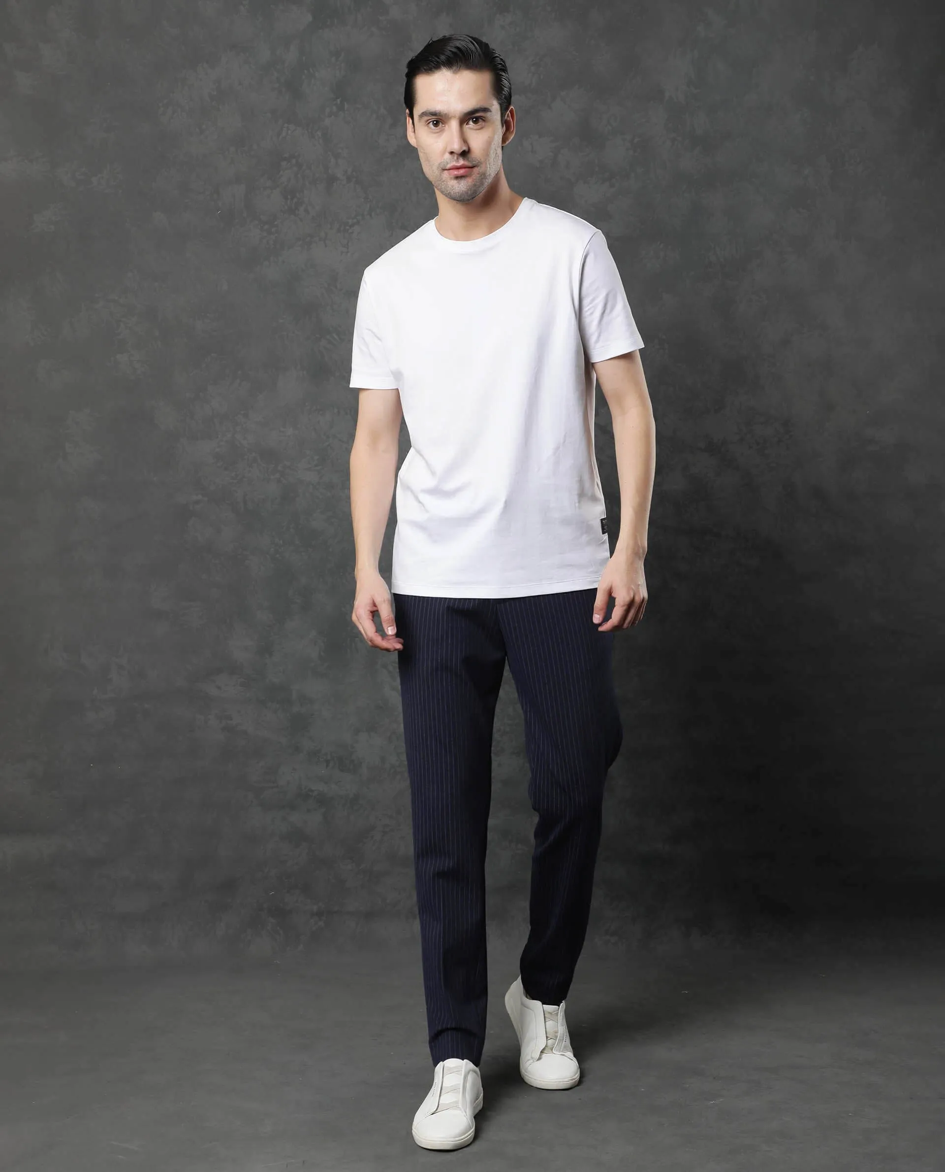 Rare Rabbit Men's Gis White Cotton Fabric Crew Neck Half Sleeves Regular Fit Solid T-Shirt