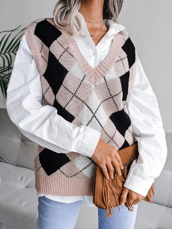 Reagan Women's Diamond V-Neck Casual Loose Knit Vest Sweater