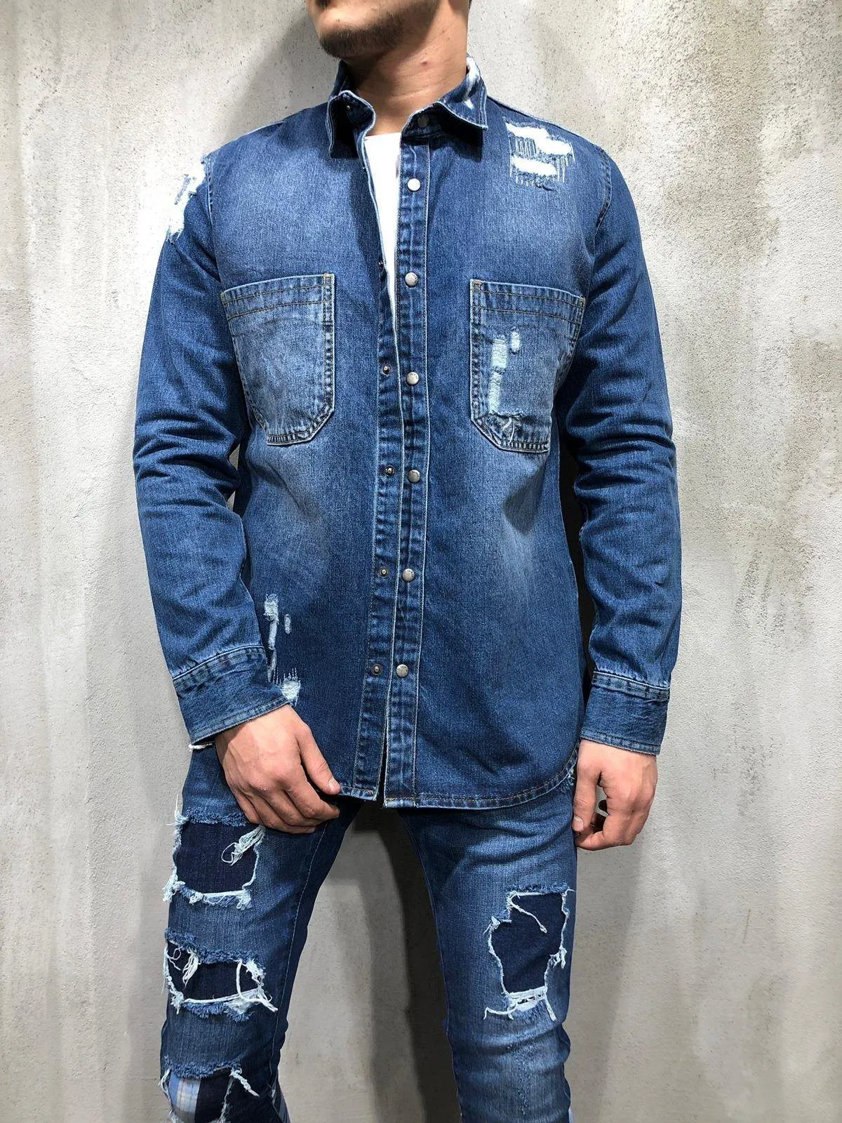 Ripped Denim Shirt Bleach Wash - Blue