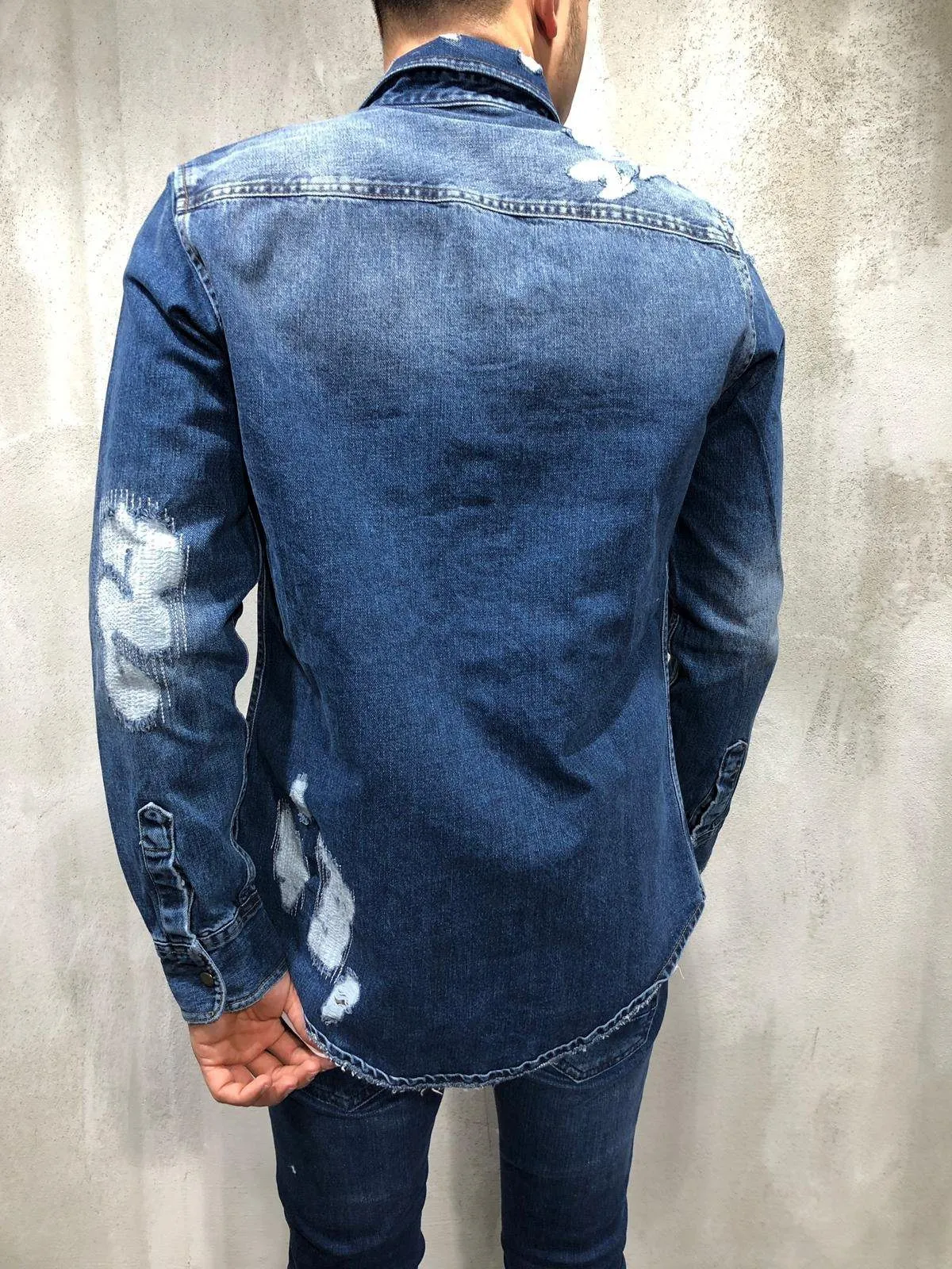 Ripped Denim Shirt Bleach Wash - Blue