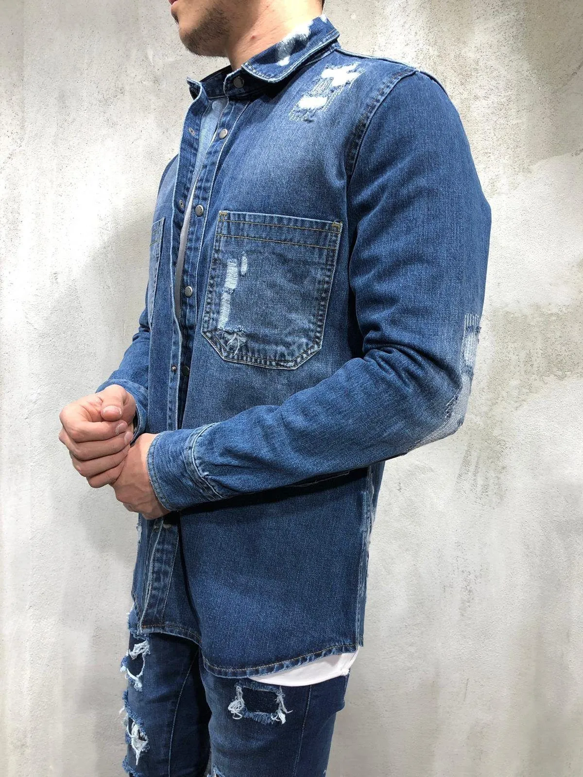 Ripped Denim Shirt Bleach Wash - Blue