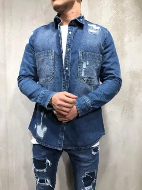 Ripped Denim Shirt Bleach Wash - Blue