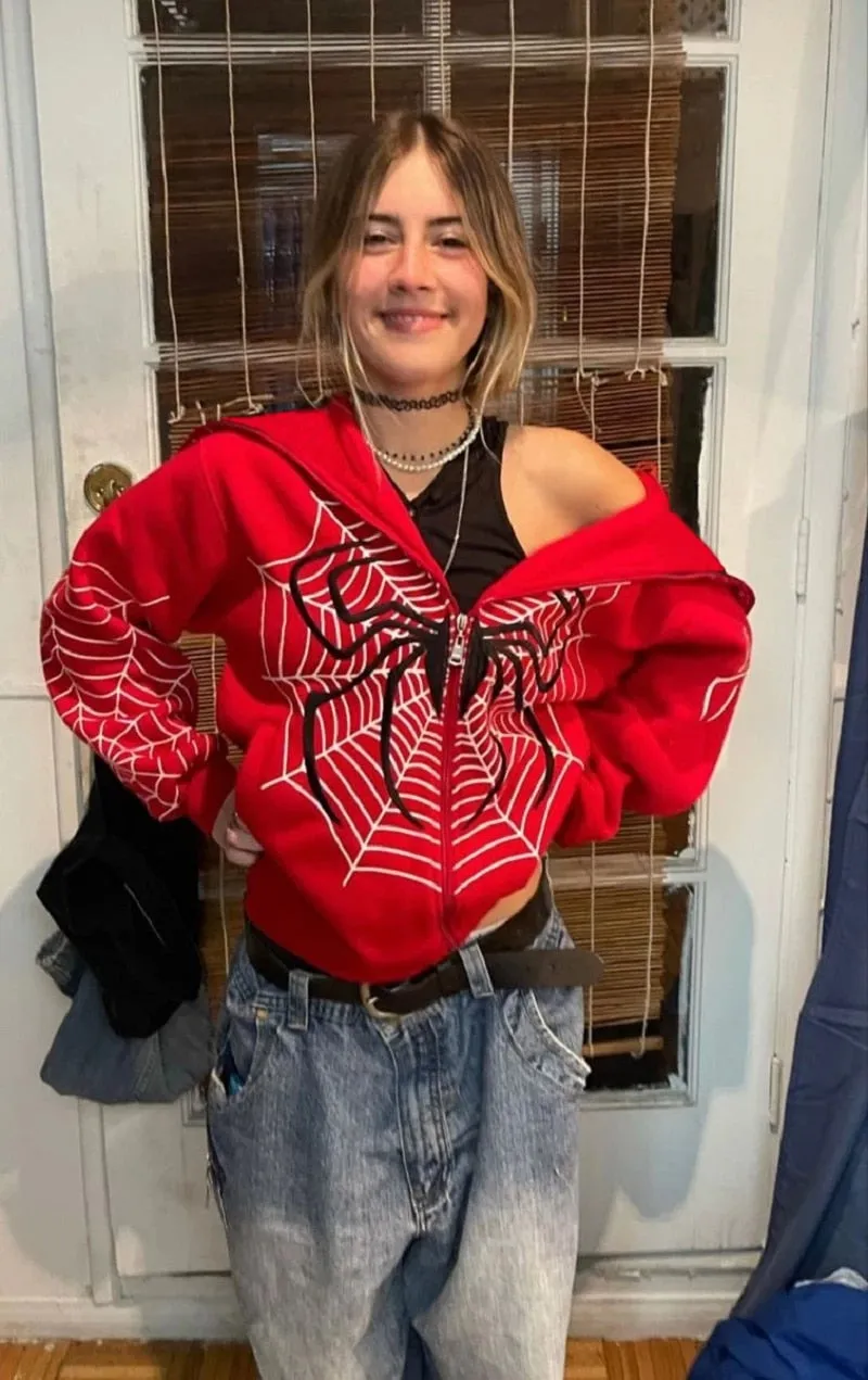 Spiderweb Red Zip Up Hoodie - Harajuku Sweatshirt Punk Fit