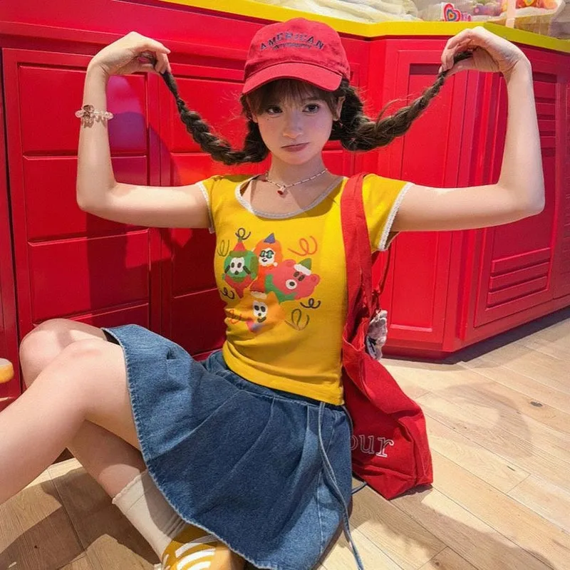 Summer Dopamine Style Yellow Lace T-shirt