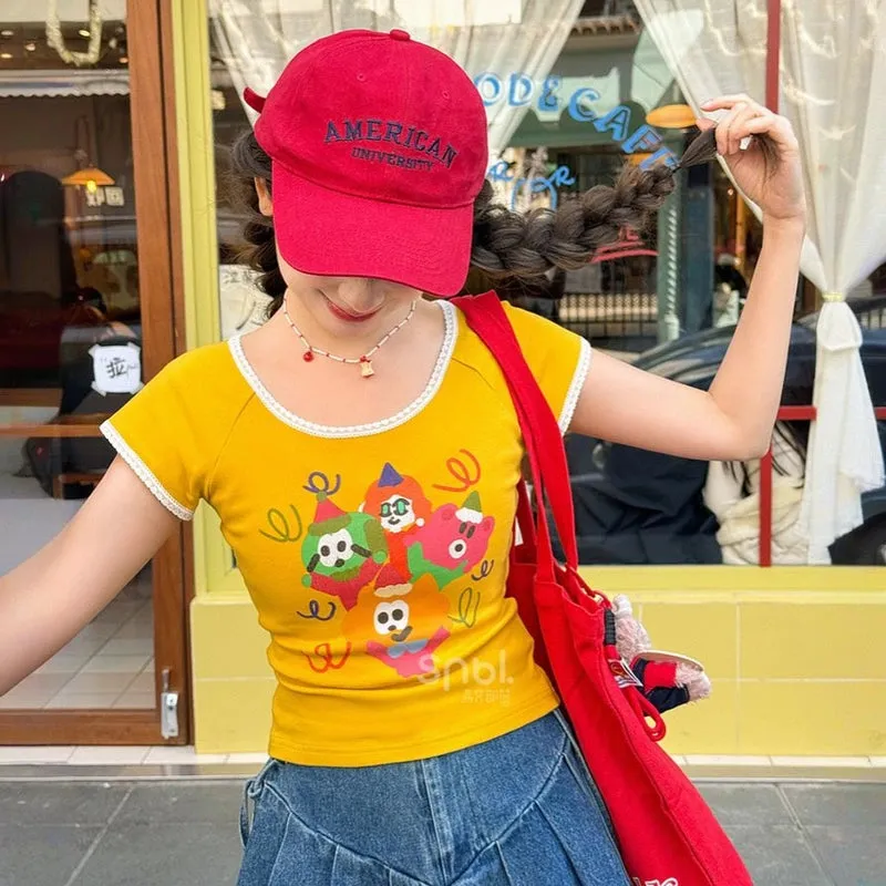 Summer Dopamine Style Yellow Lace T-shirt
