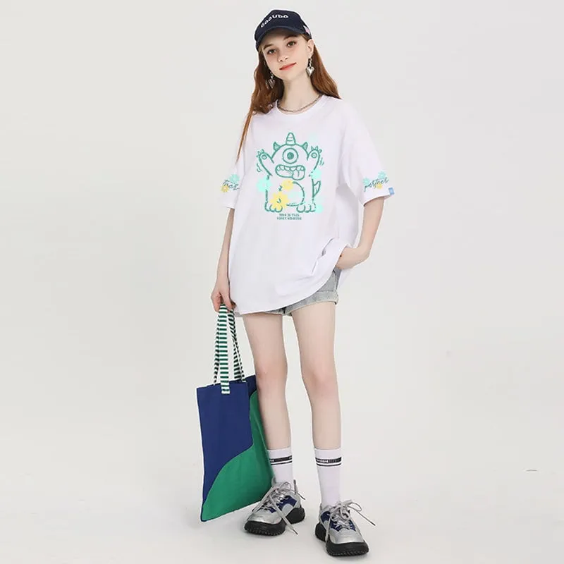 Summer Sweet Girl Style Cartoon Little Monster Print T-shirt