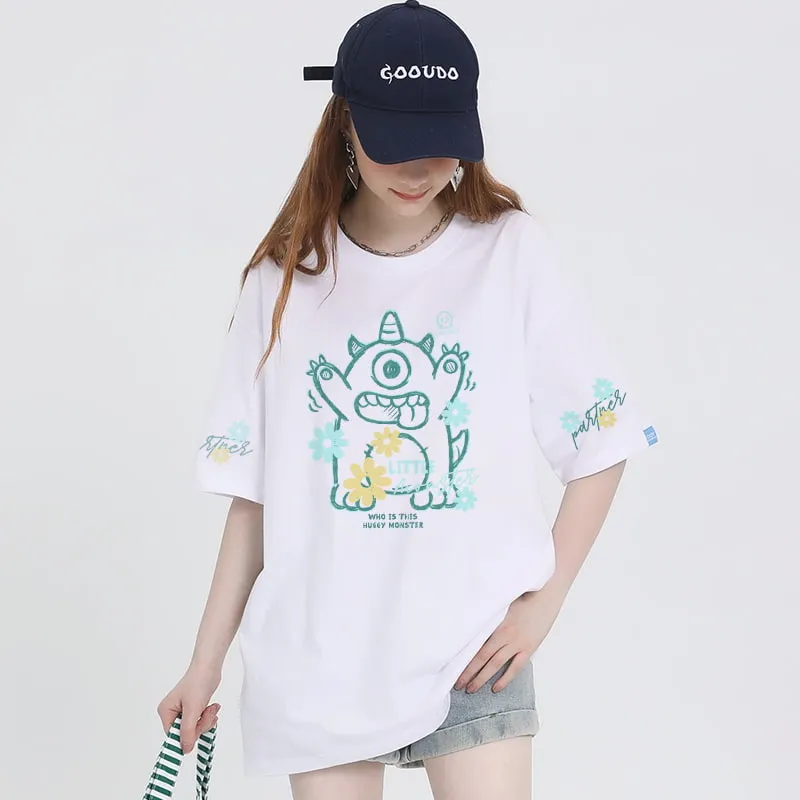 Summer Sweet Girl Style Cartoon Little Monster Print T-shirt