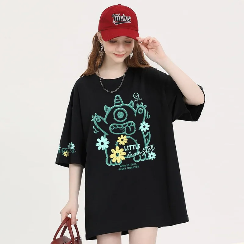 Summer Sweet Girl Style Cartoon Little Monster Print T-shirt