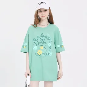 Summer Sweet Girl Style Cartoon Little Monster Print T-shirt