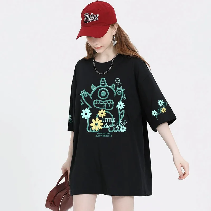 Summer Sweet Girl Style Cartoon Little Monster Print T-shirt