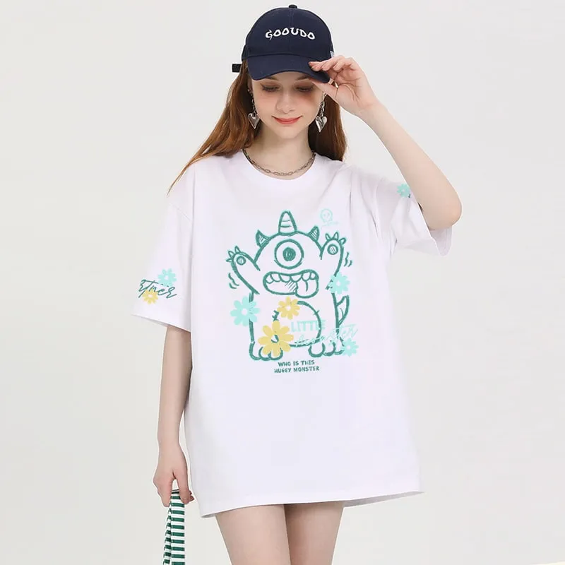 Summer Sweet Girl Style Cartoon Little Monster Print T-shirt
