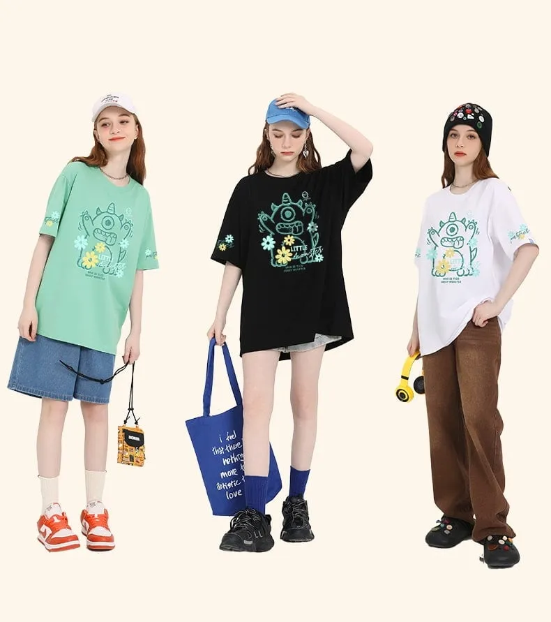 Summer Sweet Girl Style Cartoon Little Monster Print T-shirt